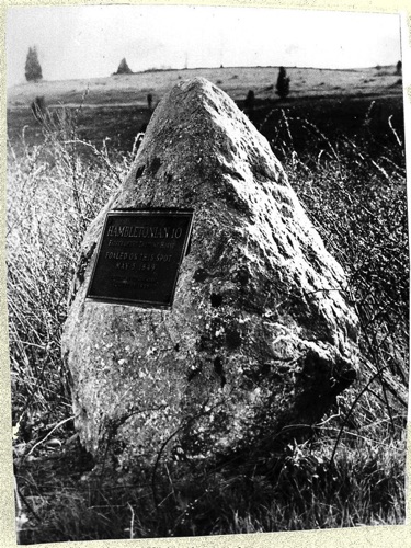 Hambletonian monument dedicated at the spot that Hambletonian was foaled on May 5, 1849 in a swampy field on the Wakely Banker farm in Sugar Loaf on August 13, 1935.  chs-003518